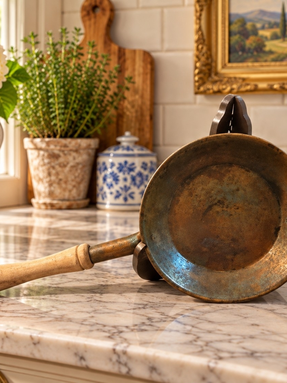 Vintage Copper Frying Pan with Wooden Handle - Brown
